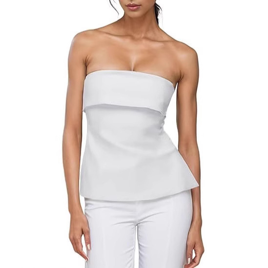 Foreign Trade European and American Clothing Summer New Pure Color Casual Lapel Tube Top Backless Slim Slit T-Shirt Top Y2K