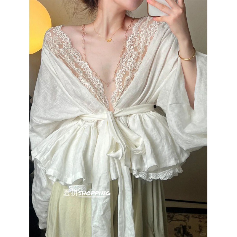 French Style Gentle Style Lace Strap V Neck Long-Sleeved Shirt for Women Summer Waist-Cinching Short Top