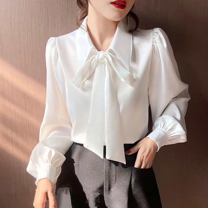 蝴蝶结雪纺衬衫女秋冬女装法式漂亮小衫长袖女士衬衫内搭白色衬衣|undefined