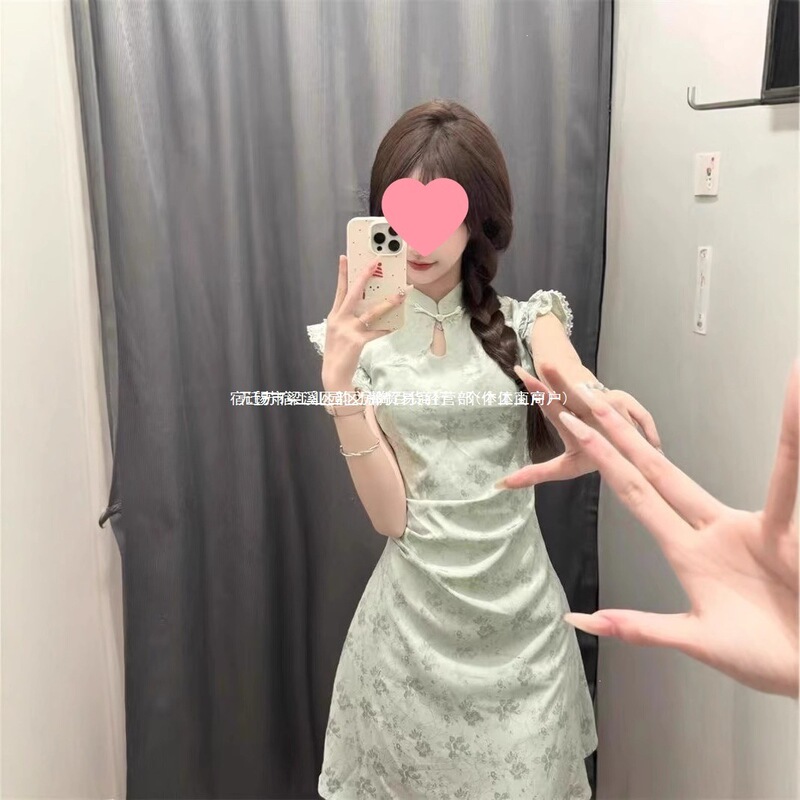 New Chinese-Style Improved Cheongsam Dress for Women, Summer Waist-Cinching Design with Small Flutter Sleeves, Green Plus-Size Women's Clothing, New Spring Style New Chinese-Style Improved Cheongsam Dress for Women, Summer Waist-Cinching Design with Small Flutter Sleeves, Green Plus-Size Women's Clothing, New Spring Style