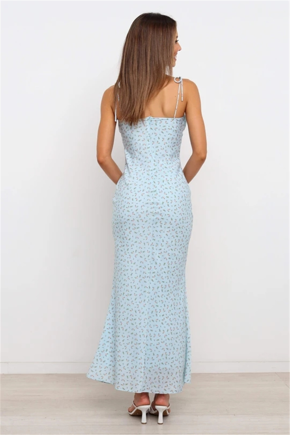 Lace-Up Long Backless Sling Tight Floral Dress NSHT117053