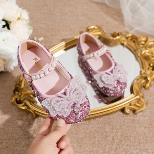 Crystal Princess Shoes Girls 2025 New Bow Performance Leather Shoes Velcro Little Girls Flat Shoes Rhinestones