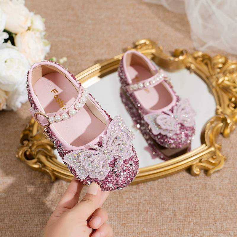 Туфли Crystal Princess для девочек, новинка 2025 года, кожаные туфли с бантом и липучкой для выступлений, балетки с камнями для маленьких девочек