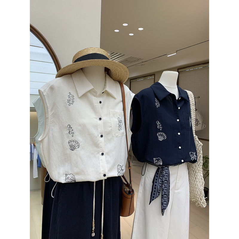 Novel Painting Style Embroidered Tencel Linen Lapel Thin Shirt Summer Refreshing Breathable Drawstring Sleeveless Vest Top