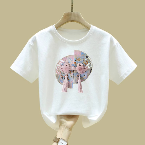 2395 Girls Summer Short Sleeve T-Shirt for Older Children, National Style and Trendy, Versatile Half Sleeve Children's Top, Sweet for Kids