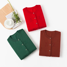 内蒙古产圆领装饰开衫女羊绒羊毛混纺大码宽松打底衫毛衣老年款