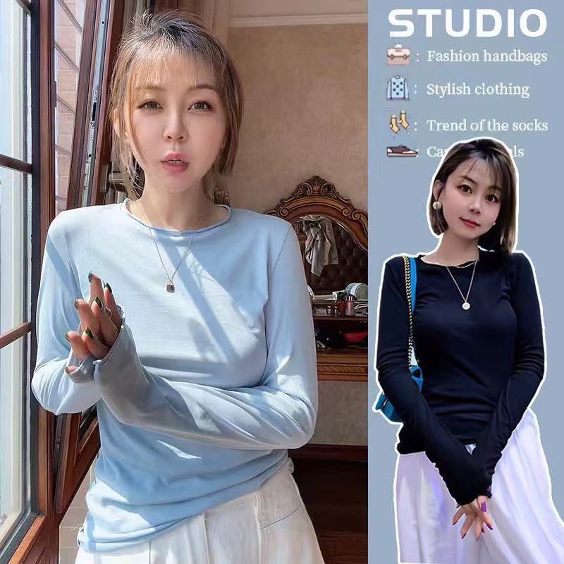 Paper Man Sunscreen Mask t Thin Slim Fit Spring and Summer Fashion Niche Casual Round Neck Long Sleeve Women's T-Shirt