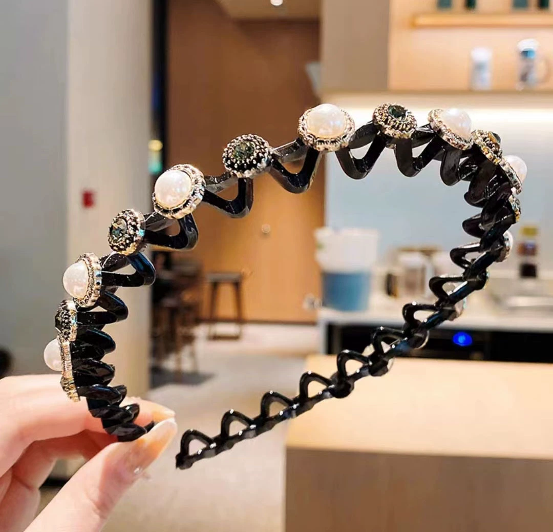 Повязка на голову/Стреп Hairgrip — жемчужная и цветочная волнистая заколка для волос, зажим для чёлки, assorted colors, 12 см