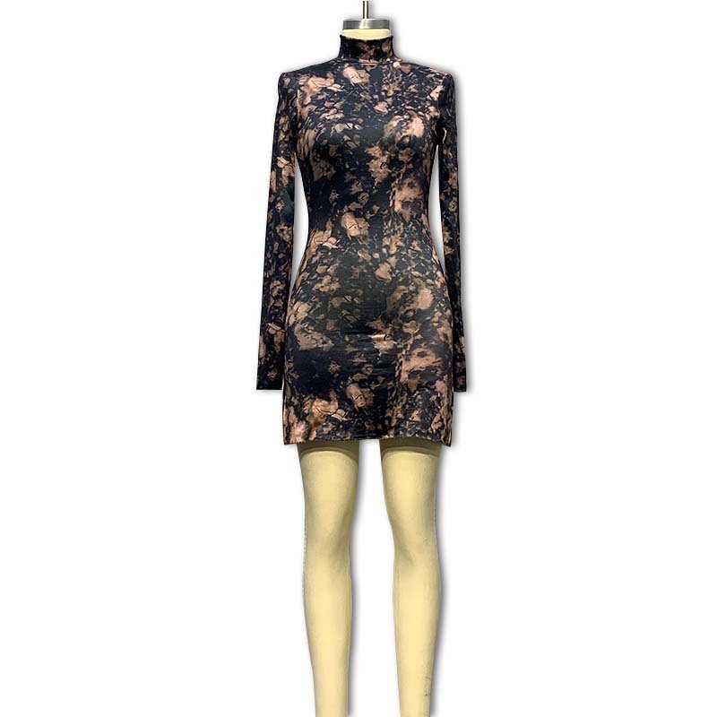 Otoño 2023 Amazon Comercio exterior transfronterizo estilo europeo y americano vestido de las mujeres medio cuello alto impreso manga larga falda de cadera dividida image 6