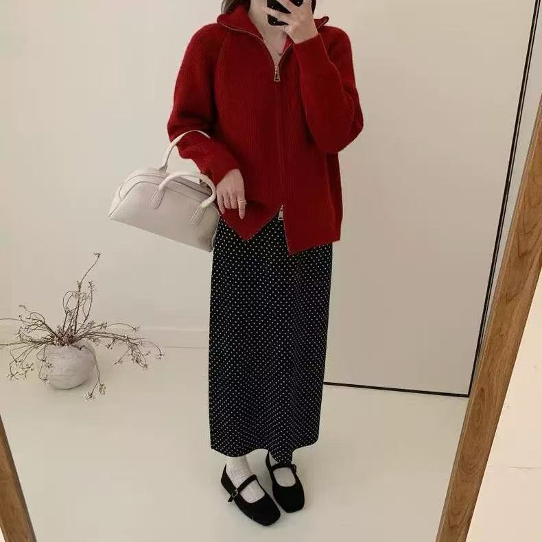 韩版立领双拉链针织开衫女2025秋冬加厚宽松毛衣外套慵懒风高级感|undefined