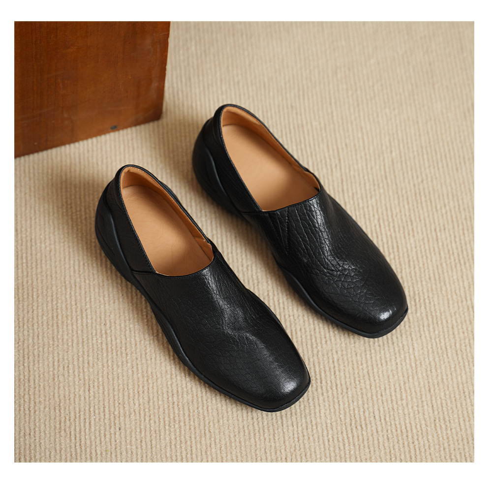 Giày loafer nữ da dê mũi tròn, gót trung 3 cm, hoa nổi, phong cách cổ điển — đen chi tiết 11
