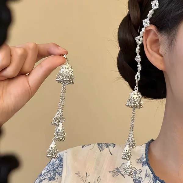 "Silver Bell Pine Moon" retro new Chinese style bell tassel headband, fake earrings, hair chain, 2026 new hairpin for women