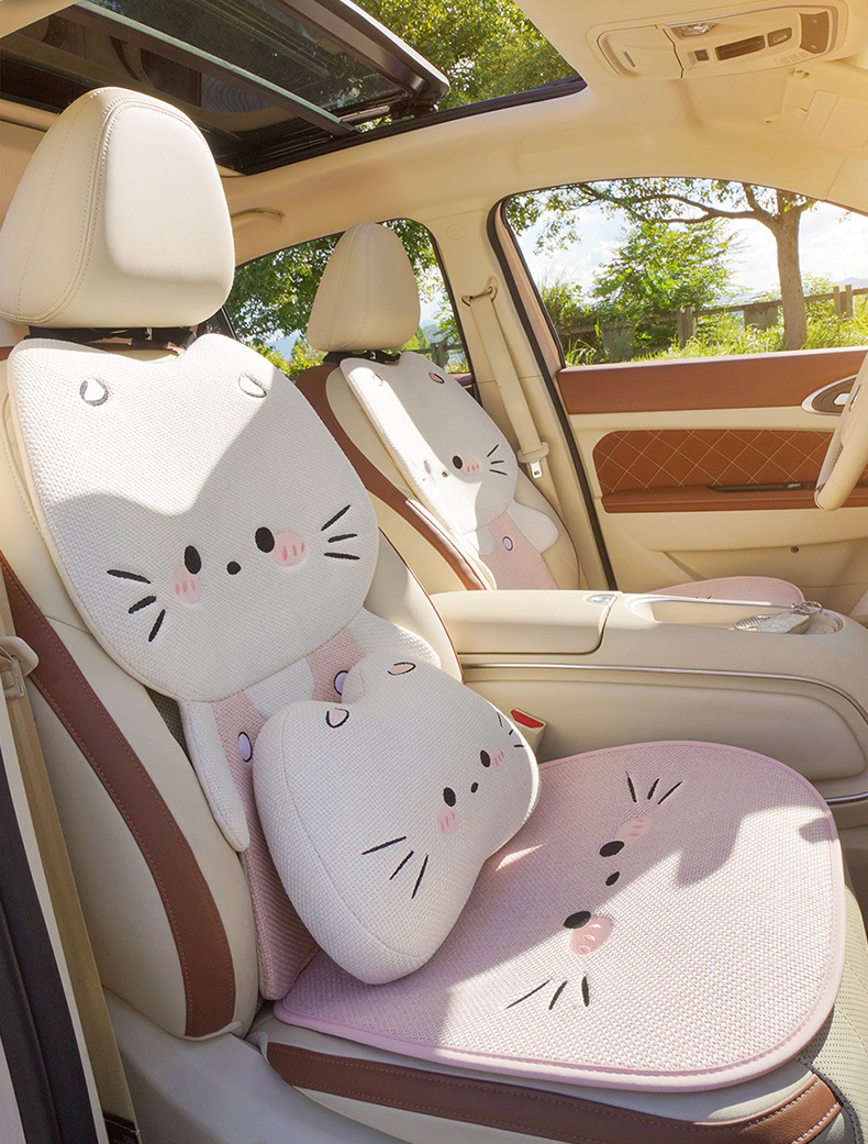 Linen Car Seat Cushion, Universal for All Seasons, Breathable Car Rear Seat Cushion, Stereo Cute Cat Cartoon, Cute Female Seat Cover