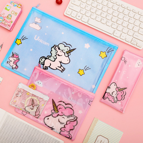 Han Cai Stationery Wholesale Unicorn Grid Bag A4 Cherry Blossom Rabbit File Bag A5 Transparent Zipper Bag B6 Storage Bag