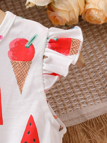 Summer European and American girls princess dress, cute flying sleeves, ice cream print, red mesh stitching, children's dress