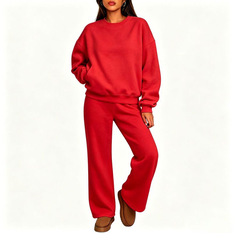Autumn and winter 220g fleece crew neck sweatshirt and wide-leg pants solid color set, European and American trendy casual sports two-piece set for women