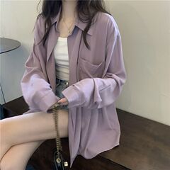 フランスの紫色の日焼け止めシャツの秋の新型のゆったりした大衆は長袖の女性の薄いタイプのPoloの襟のシャツを設計します。