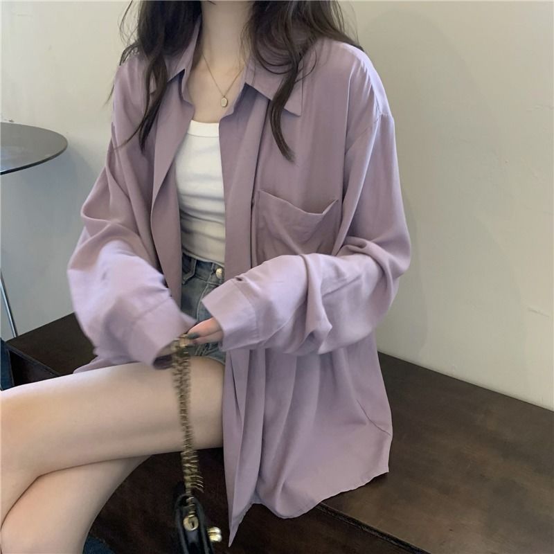 フランスの紫色の日焼け止めシャツの秋の新型のゆったりした大衆は長袖の女性の薄いタイプのPoloの襟のシャツを設計します。|undefined