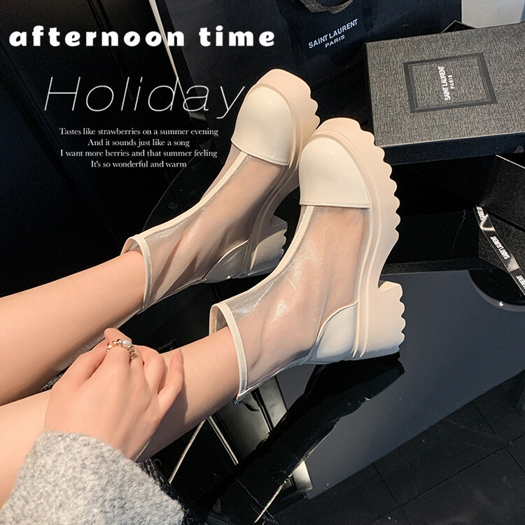 Boot ngắn nữ da thật vải lưới cao gót 6cm mùa hè phong cách Anh thoáng khí — Màu đen, Trắng be chi tiết 118