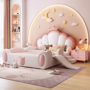Solid wood children's bed princess bed dream castle with slide fence bedroom pink girl light luxury baby leather art bed