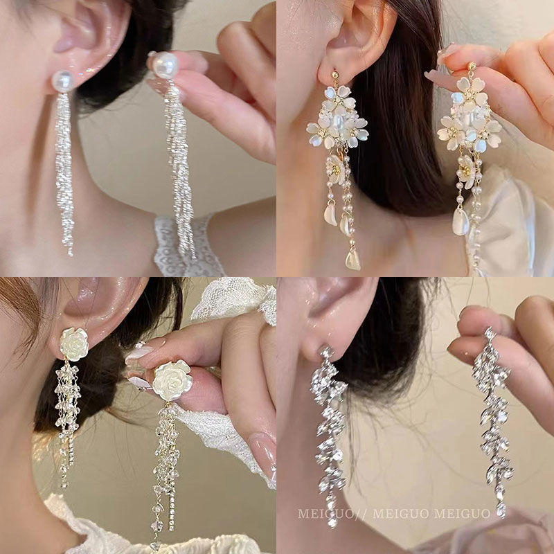 sterling silver needle square round face pearl long fringe earrings female stud earrings french elegant light luxury minority tassel earrings