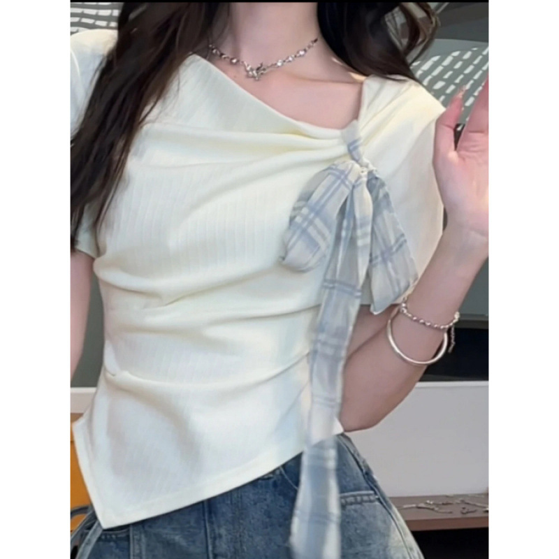 卸売【オリジナル生地】ブルー右肩Tシャツ半袖レディース夏不規則フレンチショートスタイルお腹カバー痩身|undefined