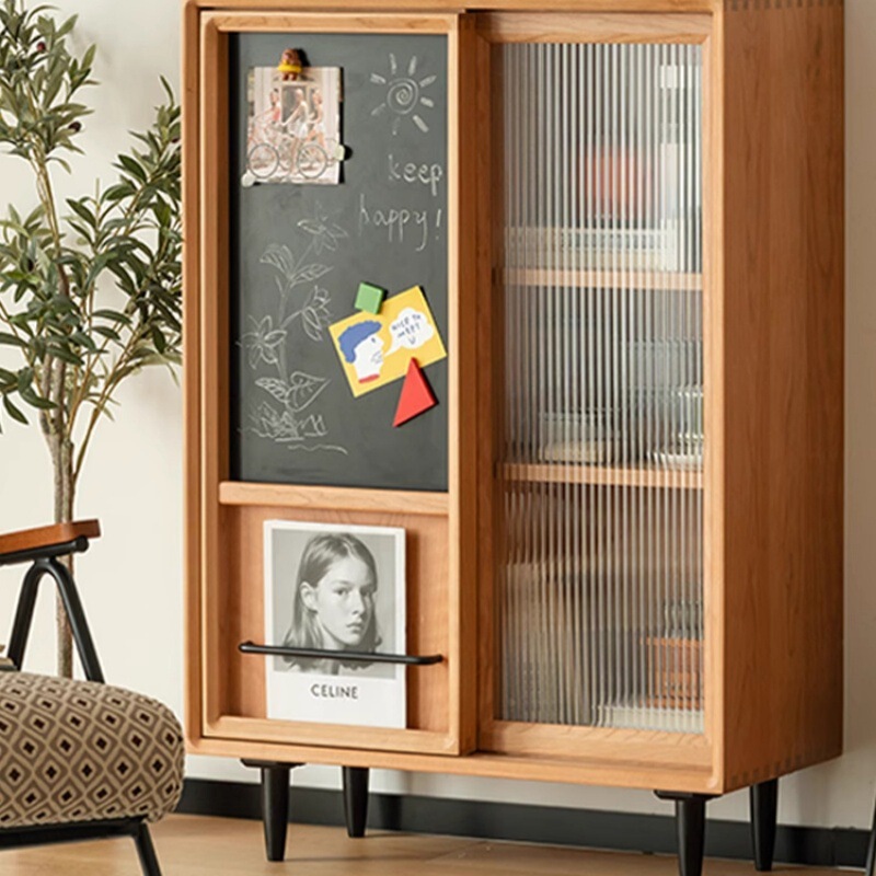 Nordic Solid Wood Bookcase Multi-Functional Storage Cabinet with Glass Door Storage Cabinet Cherry Wood Japanese Style Living Room Storage Side Cabinet