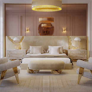 Master Bedroom Widescreen King Bed Villa Mansion Bedroom High-End Luxury 2m X2 Light Luxury Bed Italian High-Back Fabric Bed