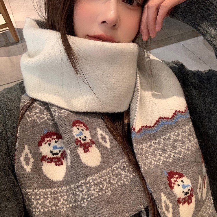 可爱雪人灰色针织围巾女冬季圣诞韩系氛围感保暖百搭学生护颈围脖|undefined