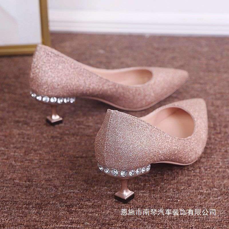 Wedding Shoes for Women 2025 New Bridal Shoes Sequined Versatile Dress High Heels Stiletto Low Heel Wedding Shoes Crystal Shoes