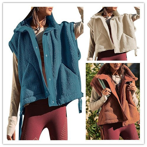 Gd New Autumn and Winter Women's Imitation Wool Vest Casual Sleeveless Vest Jacket Oversized Buttoned Vest Jacket with Mouth