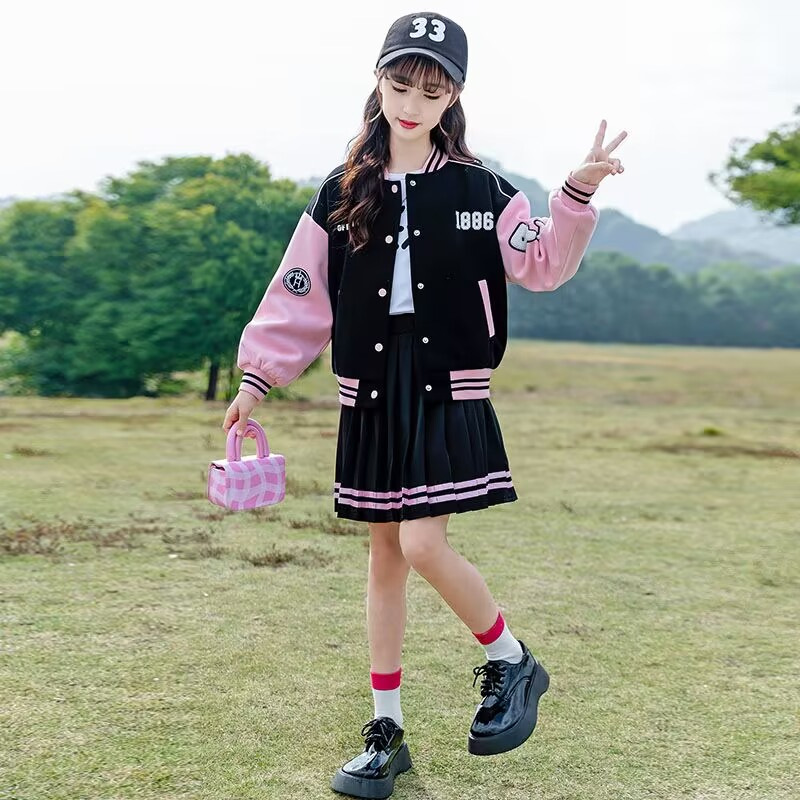 Chaqueta de béisbol para niñas conjunto de dos piezas de primavera y otoño 2023 nuevos niños medianos y grandes ropa de estudiante traje de niña Falda plisada