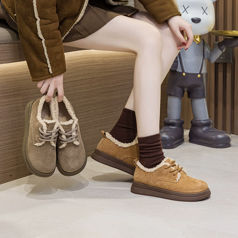 Женские лоферы из матовой кожи, новинка зимы 2023 года, на флисовой подкладке, утолщенные, в стиле Birkenstock, повседневные, универсальные, теплые хлопковые туфли.