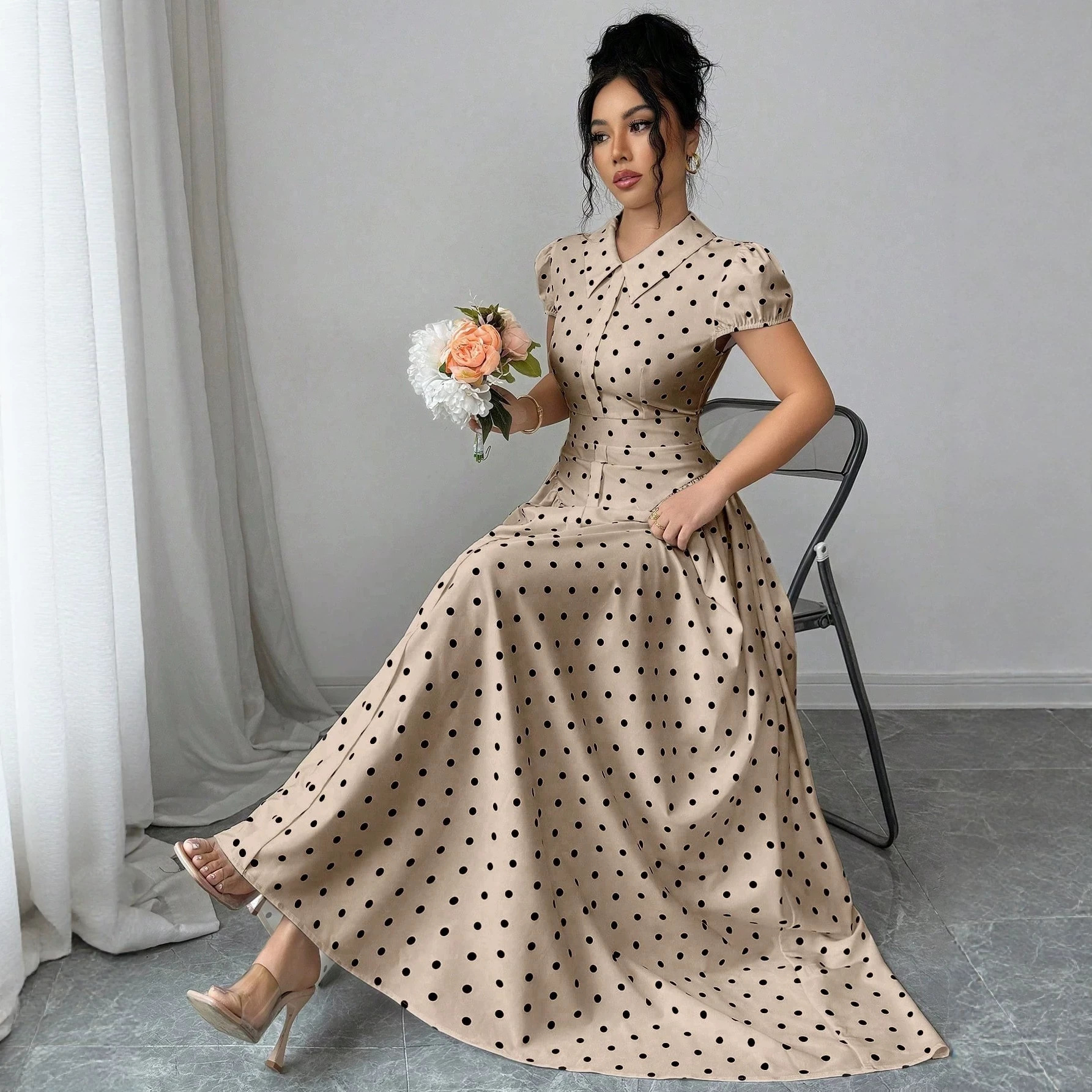 New Women's Polka Dot Dress Short Sleeve Summer Style French Retro Slimming Elegant Long Dress For Youthful Fashion_ecoleips.com