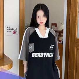 潮牌撞色拼接V领夏季短袖美式复古运动风情侣tee恤中性宽松T恤潮
