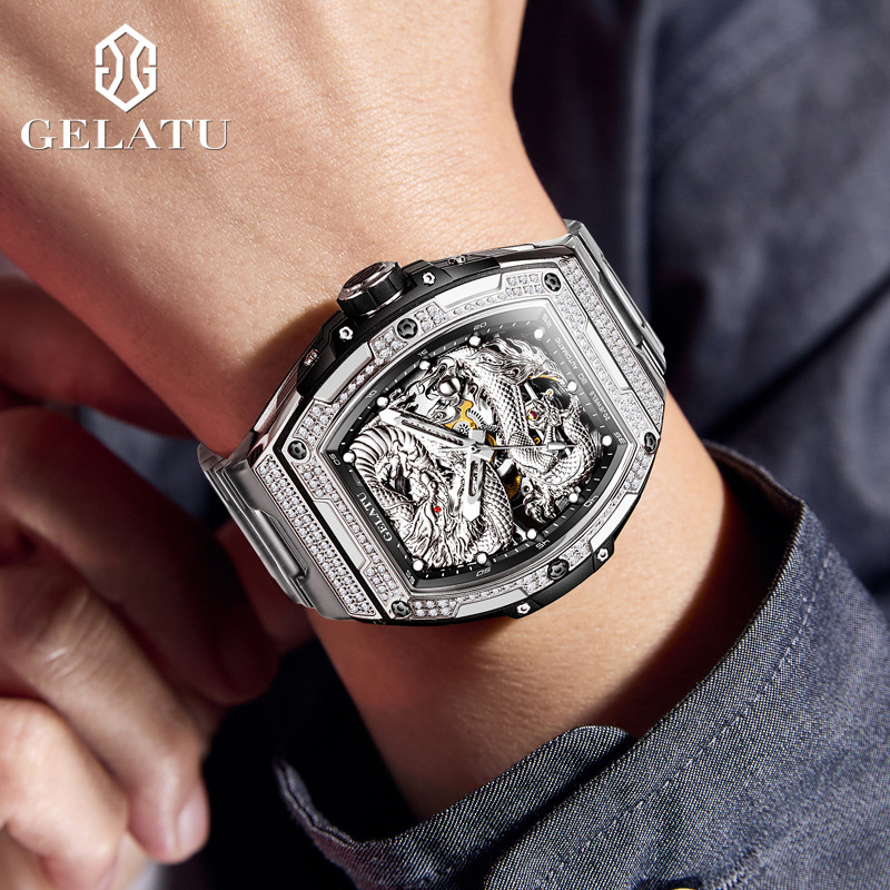 Gratu Brand New Watch Fully Automatic Mechanical Dragon-Shaped Relief Diamond-Encrusted High-End Barrel-Shaped Fashion Mechanical Watch