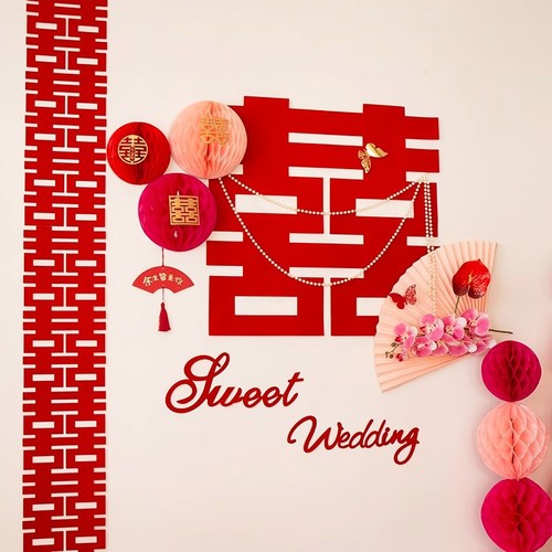 Marriage room background wall double happiness decoration wedding celebration bedroom scene honeycomb ball wedding hall arrangement