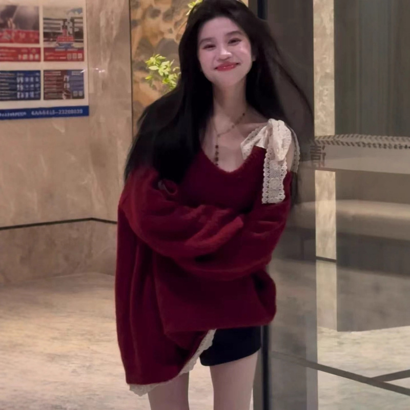 韩系高级感蕾丝系带蝴蝶结氛围蓝色毛衣女秋冬慵懒风露肩温柔上衣|undefined