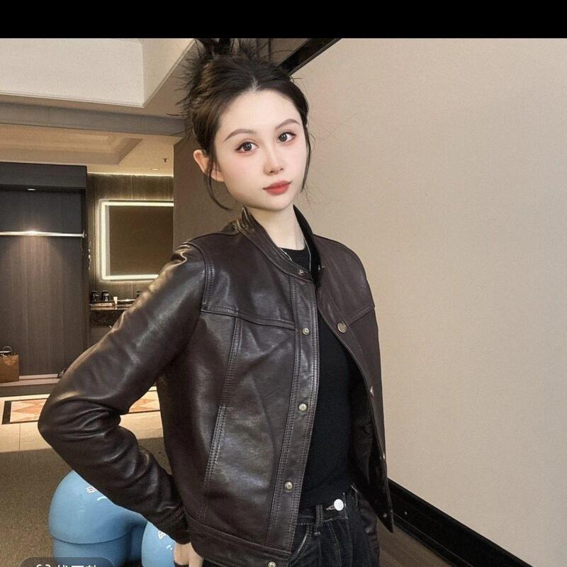 Haining leather jacket 2026 spring and autumn new short loose casual style round neck women's biker leather jacket, casual and versatile