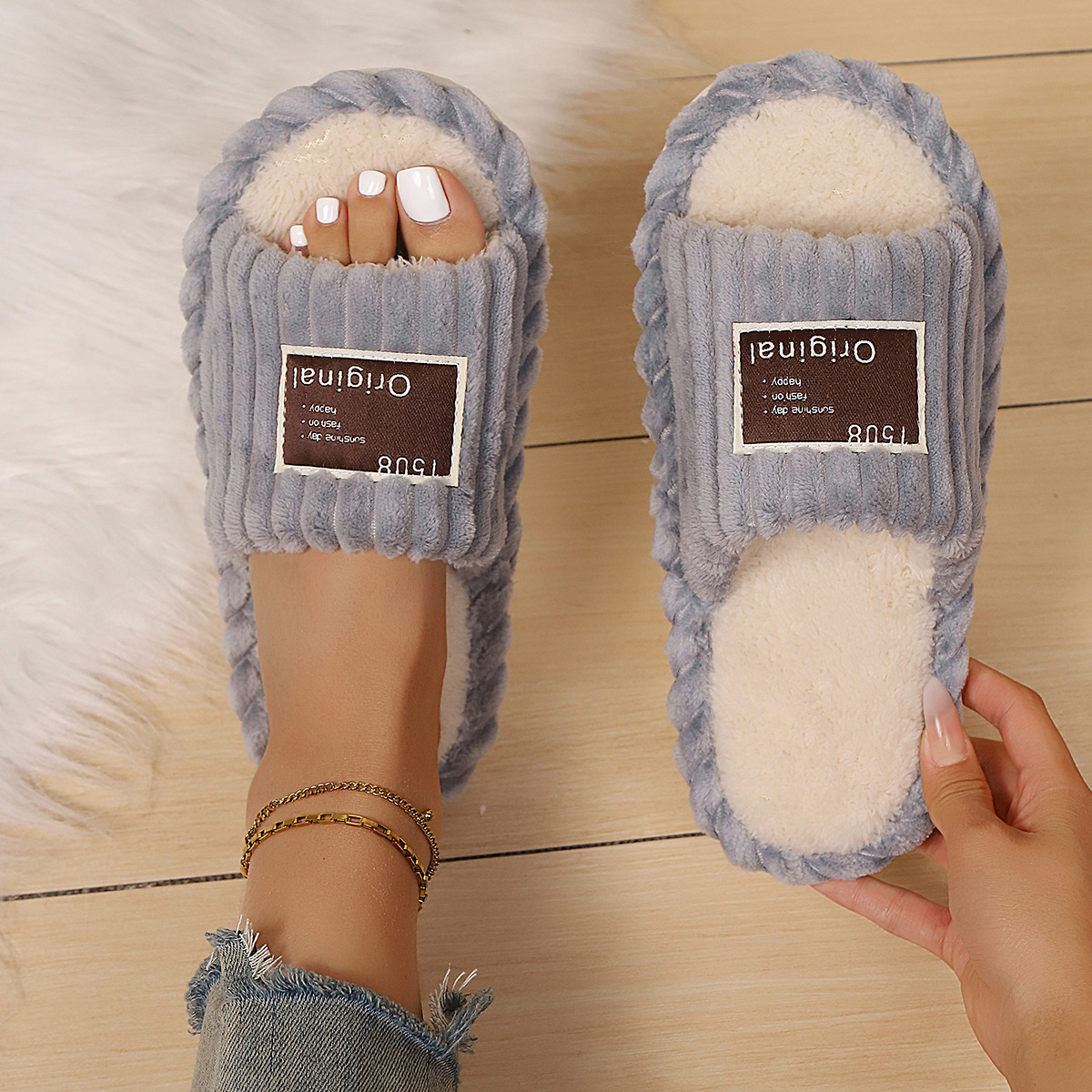 Abrir cuatro temporadas zapatillas de lana transfronterizas TEMU mujer ropa exterior antideslizante interior de fondo grueso zapatillas de algodón peludo casero