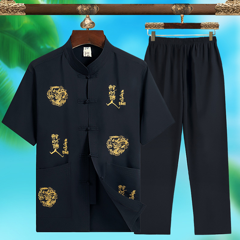 Summer short-sleeved Tang suit for middle-aged and elderly men, casual two-piece set, Chinese style, father's outfit, grandfather's Hanfu