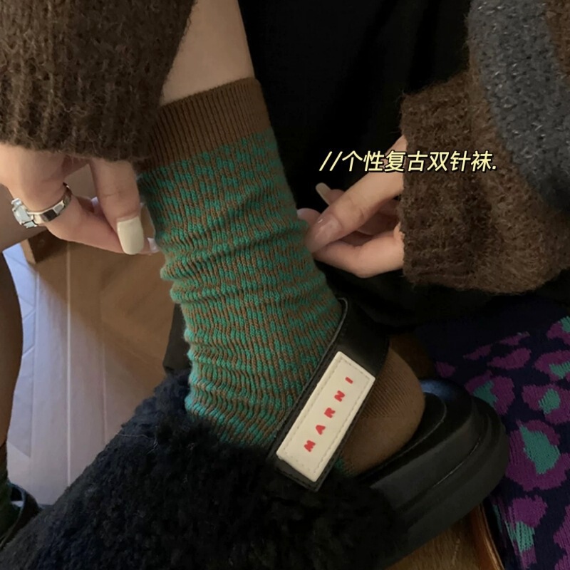Vintage Houndstooth Socks for Women, Geometric Striped Mid-Calf Socks, Melard Double-Needle Double-Way Niche Design Slouch Socks Vintage Houndstooth Socks for Women, Geometric Striped Mid-Calf Socks, Melard Double-Needle Double-Way Niche Design Slouch Socks