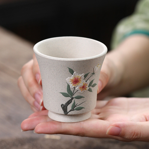 Yixing Original Mine White Jade Section Zisha Teapot Pure Handmade Slip Painted Peony and Magnolia Cup Owner Cup Tea Drinking Cup