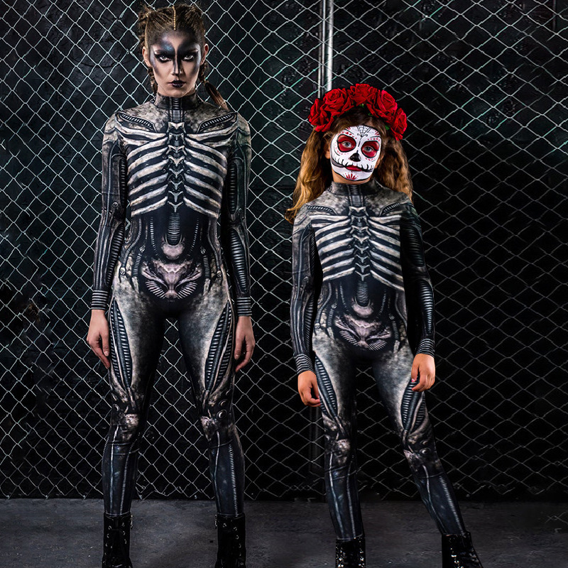 FD518 Disponible en stock. Mono ajustado de fiesta con estampado de esqueleto para mujer, Halloween 2025.