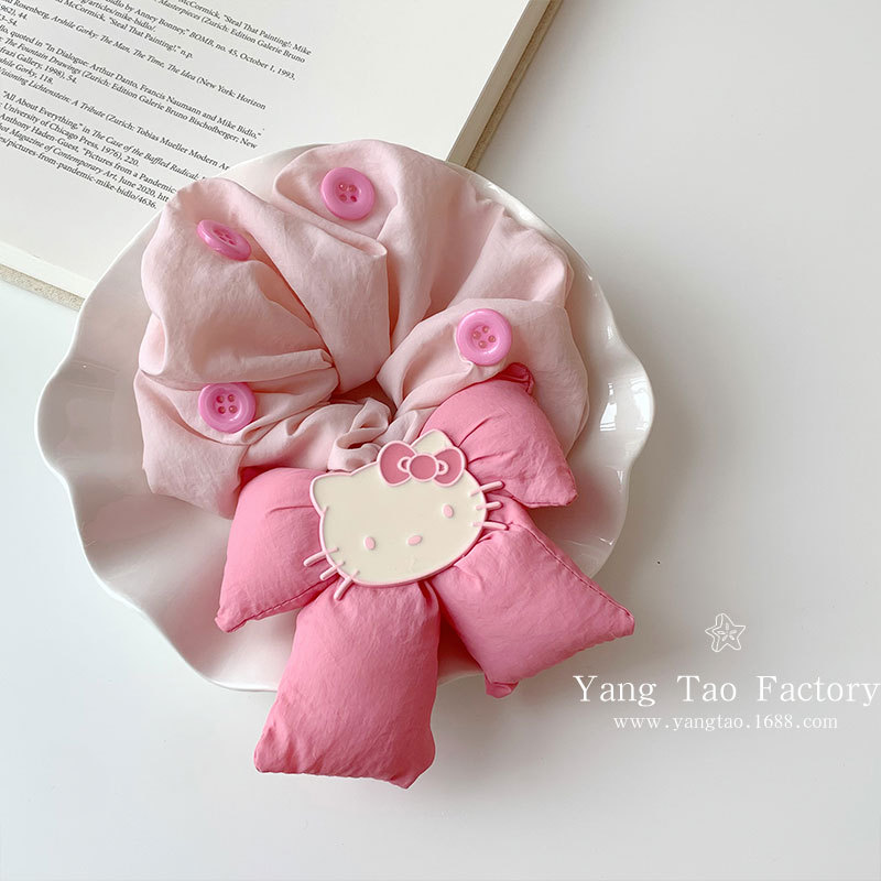 Linda caricatura rosa kitty bowknot intestino grueso anillo para el cabello femenino coreano de alta gama todo-fósforo tocado accesorios para el cabello