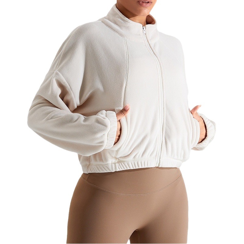 Liquidación, sin devoluciones ni cambios, chaqueta deportiva de lana austriaca resistente al viento para mujer, cuello alto, corte holgado, forrada de lana, chaqueta cálida para yoga y fitness.