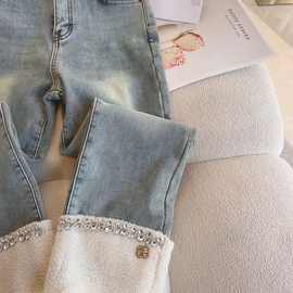 加绒加厚牛仔裤女装2024年冬季新款重工镶钻高腰显瘦直筒裤烟管裤