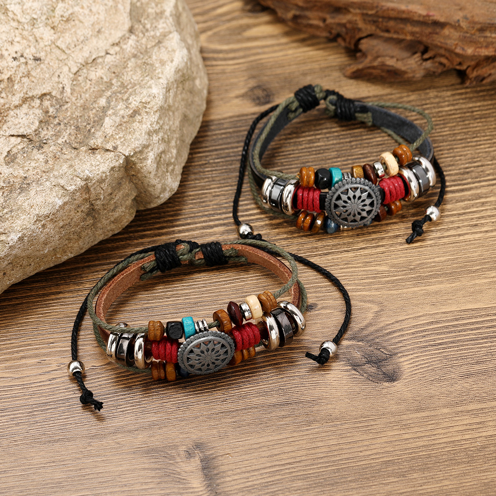 15g Weight Retro Geometric Alloy Wooden Beads Cowhide Handmade Unisex Bracelets