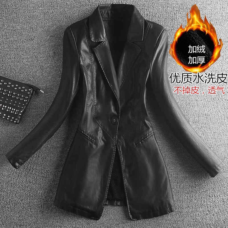 Mid-Length Leather Jacket for Women, New Spring, Autumn, and Winter Style, Waist-Cinching Slim-Fit Blazer, Fleece-Lined and Thickened Biker Leather Coat Mid-Length Leather Jacket for Women, New Spring, Autumn, and Winter Style, Waist-Cinching Slim-Fit Blazer, Fleece-Lined and Thickened Biker Leather Coat