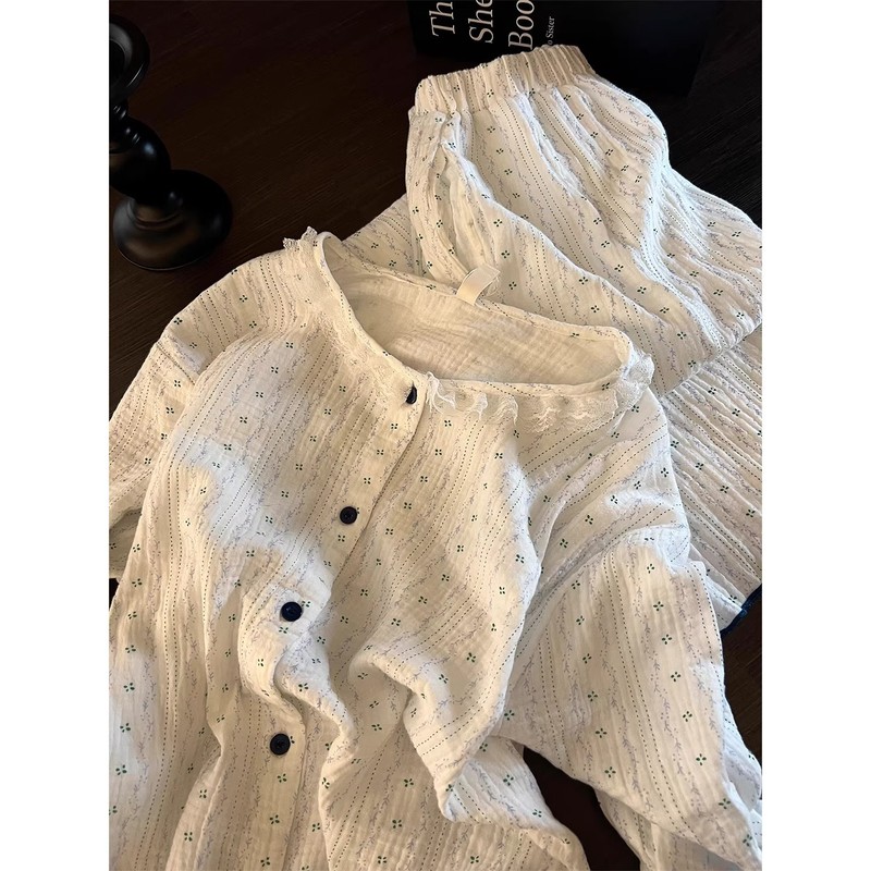 韩版花边碎花睡衣女春秋款长袖套装高级感家居服秋季大码可爱外穿|undefined